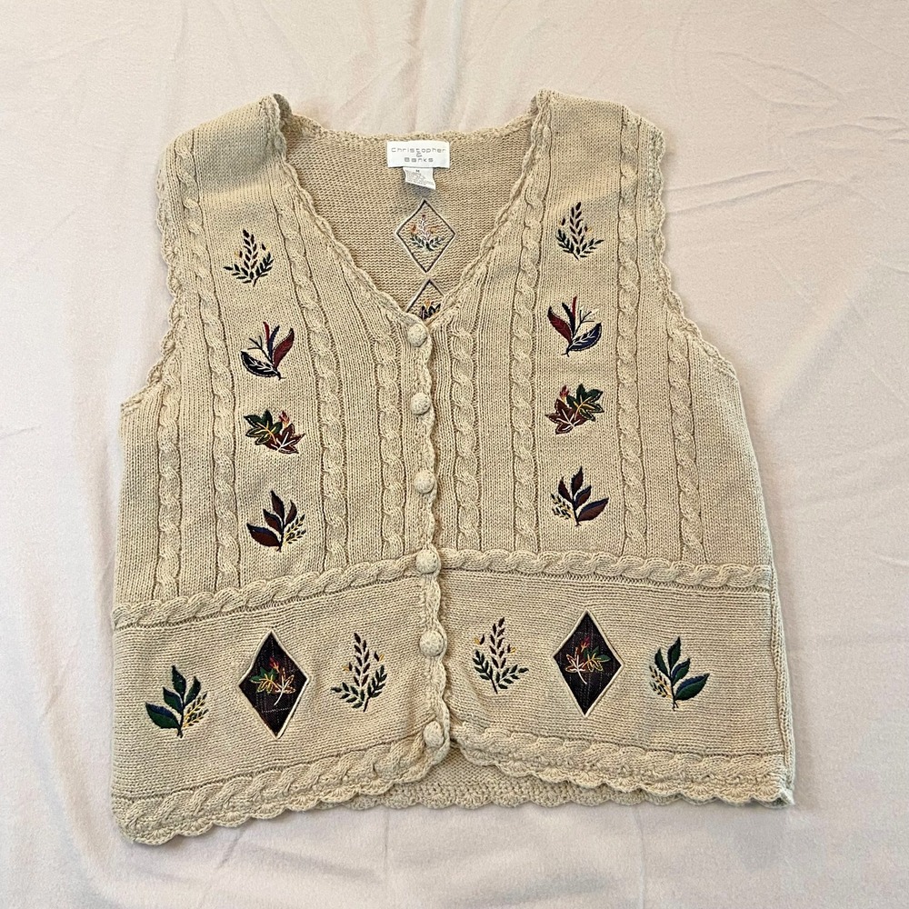 Womens Christopher & Banks Embroidered Leaves Button Up Sweater Vest Fall Medium